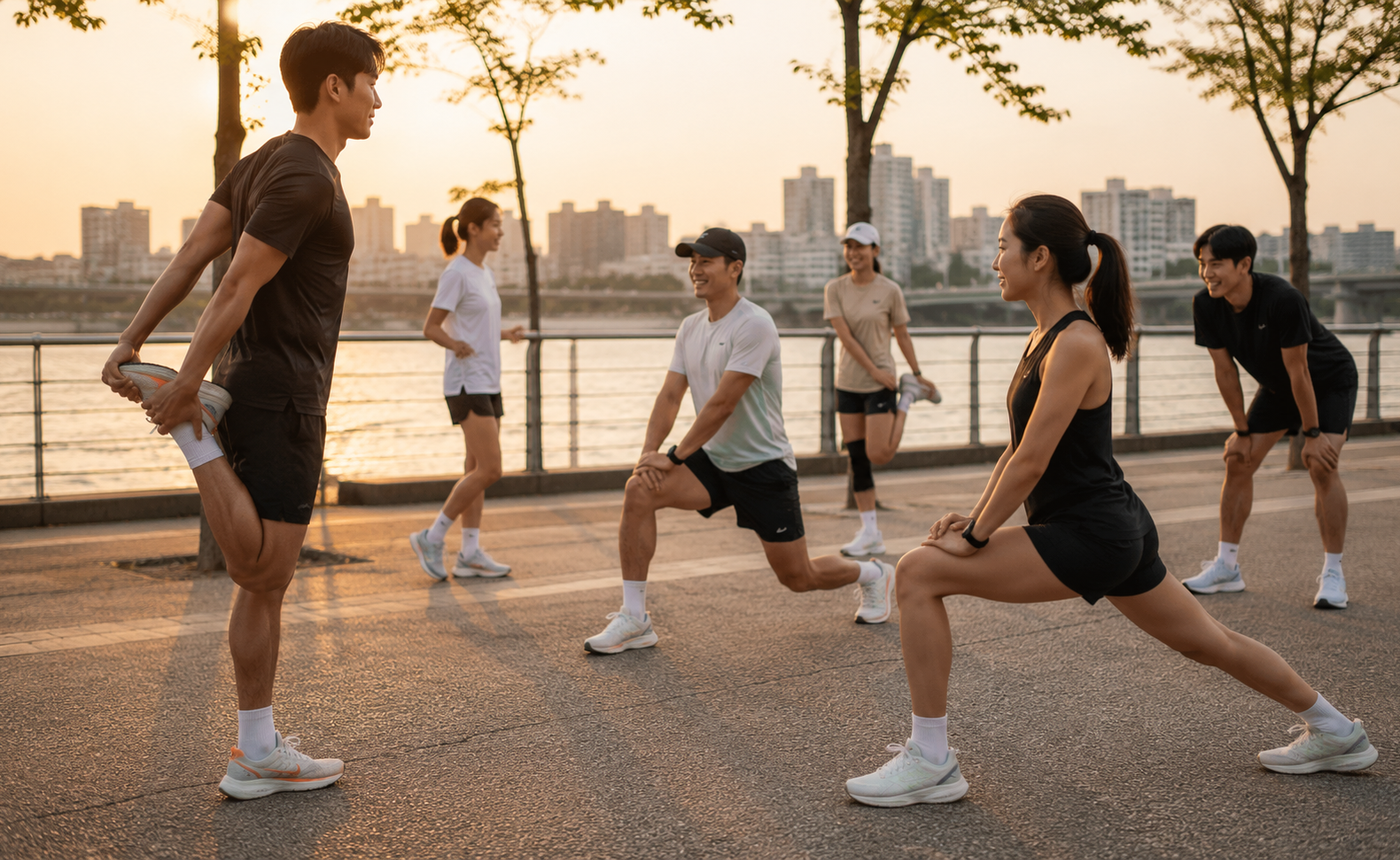 한강변에서 러닝 전 스트레칭을 하는 크루원들